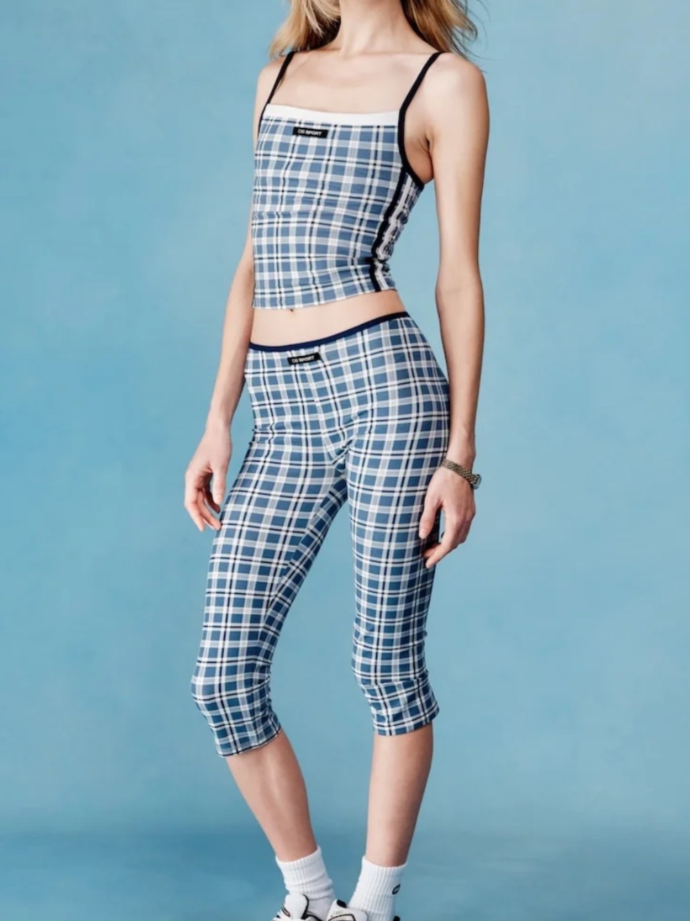 DB Sport Plaid Capri Leggings Blue Navy White NWT Aero Performance S